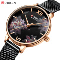 CURREN 9060 Women Watch Top Brand Luxury Black Female Waterproof Clock Mesh Stainless Steel Bracelet Flower Ladies Wristwatch